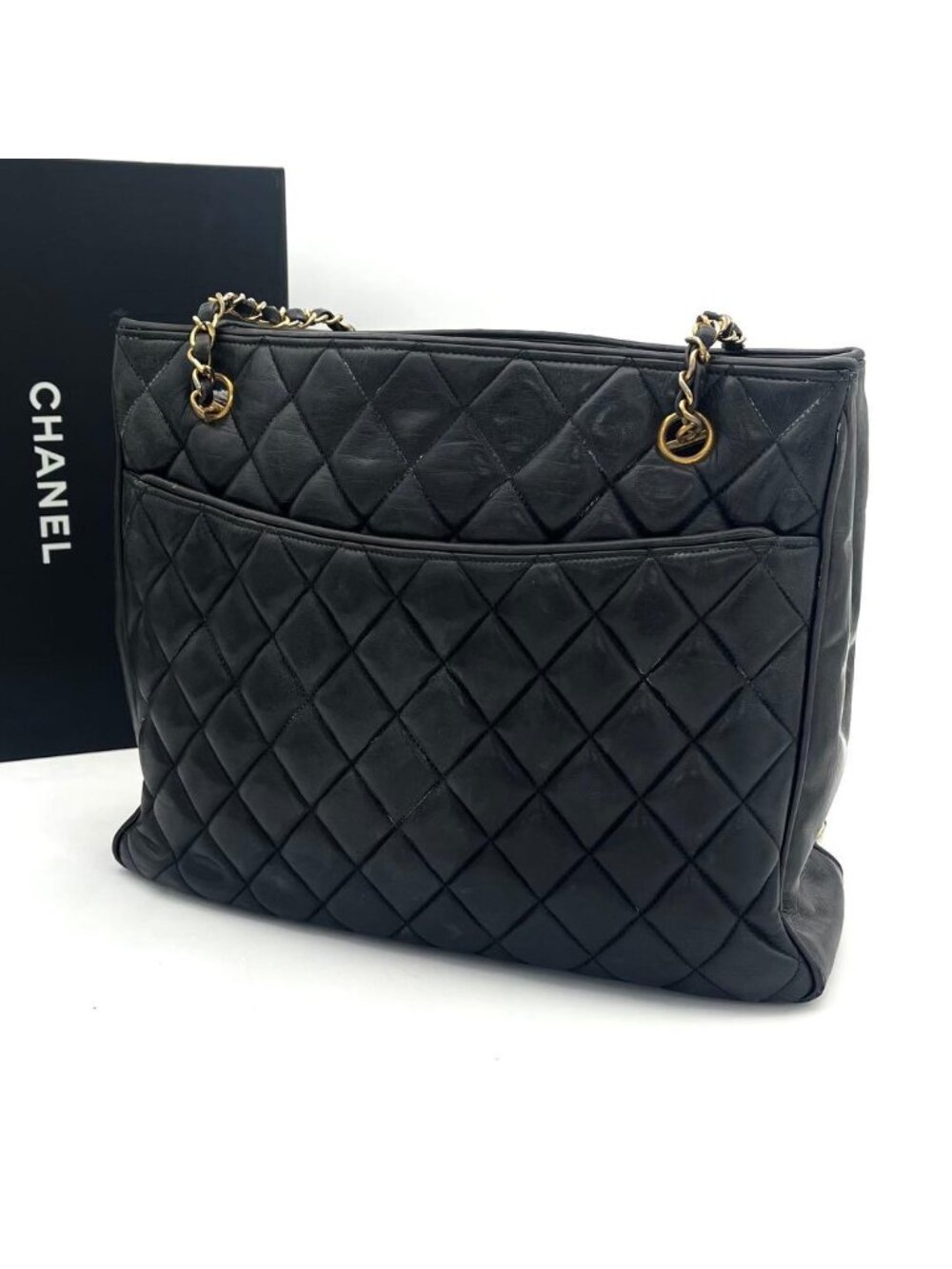 ★SOLD★ Chanel Quilted Tote Chaintote Black Lambskin CC Logo - Picture 2 of 9